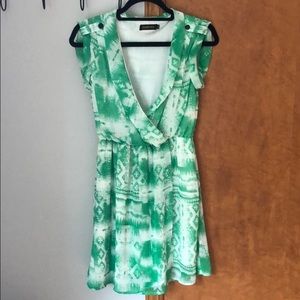 Green and white wrap-style dress